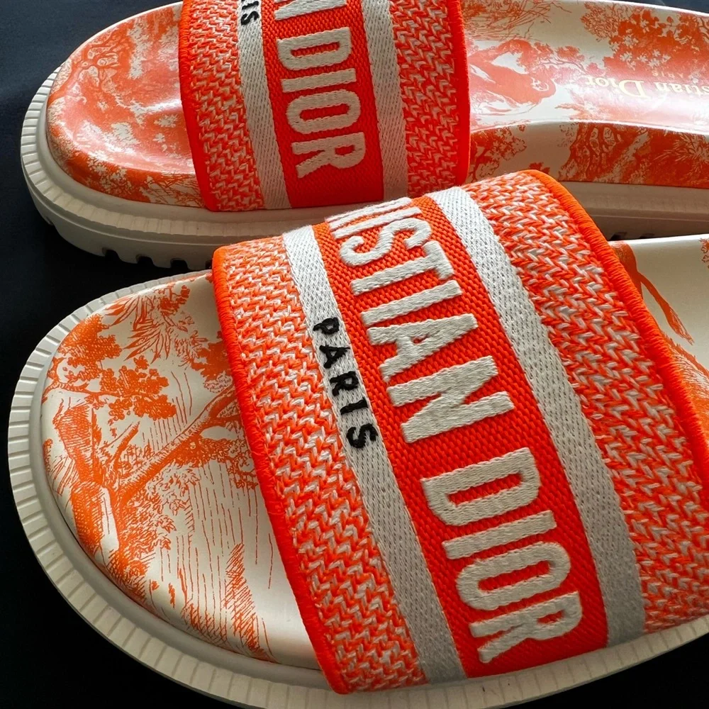 DIOR Bright Orange Toile de Jouy Embroidered Cotton DWAY SLIDE - size 38 - Picture 6 of 11